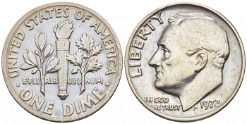 США 10 ЦЕНТОВ = 1 ДАЙМ 1972 РУЗВЕЛЬТ KM 195а медь плакированная медно-никелем 4547-943