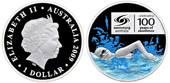 Австралия 1 доллар 2009 100 лет спортивному плаванию в Австралии, цветная эмаль, коробка, сертификат, PROOF серебро 8-1-05-06