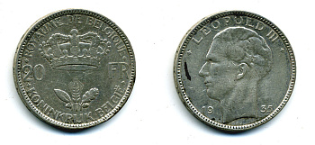 Бельгия 20 франков 1935 Леопольд III (1934-1950), BELGIЕ KM 105 серебро 86-1834