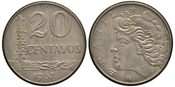 Бразилия 20 сентаво 1967 голова Свободы влево KM 579.1, Schon 84 медно-никель 4182-614