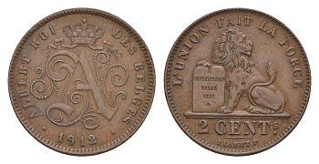 Бельгия 2 сантима 1912 Des Belges, Альберт I (1909-1934) KM 64 медь 4658-845