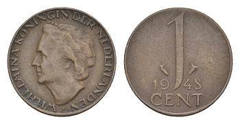 Нидерланды 1 цент 1948 Вильгельмина (1890-1948), год тип KM 175 бронза 4643-856