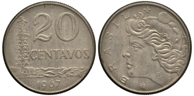Бразилия 20 сентаво 1967 голова Свободы влево KM 579.1, Schon 84 медно-никель 4182-614