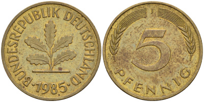 ФРГ 5 пфеннигов 1985 J KM 107 сталь плакированная латунью 4580-361