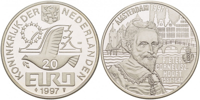 НИДЕРЛАНДЫ 20 ЕВРО 1997 ПИТЕР КОРНЕЛИСОН ХОФТ серебро PROOF 02-227-42