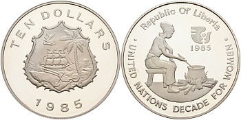 Либерия 10 долларов 1985 ООН, долголетие для женщин KM 53 серебро PROOF 00-00