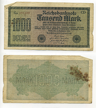 ГЕРМАНИЯ 1000 МАРОК 1922 15 СЕНТЯБРЯ 1922, ВОДЯНОЙ ЗНАК F, БЕЛАЯ БУМАГА Pick 76с бумага 6289-3-2-2