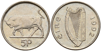 Ирландия 5 пенсов 1992 бык KM 28 медно-никель 4174-851