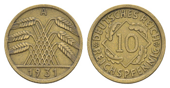 Германия 10 рейхспфеннигов 1931 A KM 40, J. 317 алюминиевая бронза 4549-831