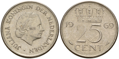 Нидерланды 25 центов 1969 Юлиана (1949-1980) VIS KM 183 никель    4598-432