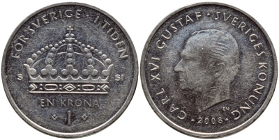 Швеция 1 крона 2008 Карл XVI Густав (1973- ) KM 894 медно-никель 87-114