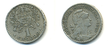 ПОРТУГАЛИЯ 1 ЭСКУДО 1929 ГОЛОВА СВОБОДЫ ВПРАВО KM 578 медно-никель 176-115