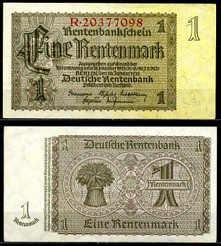 Германия 1 рентенмарка 1937 30 января 1937, серия R, номер 8-значный Pick 173, Розенберг 166b бумага аUNC 3295-26-3-1