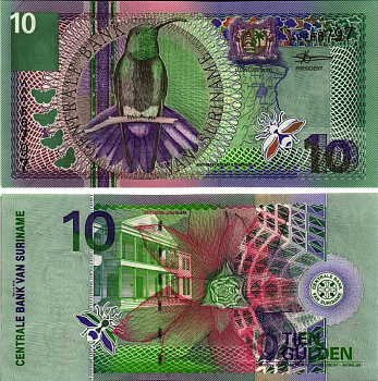 Суринам 10 гульденов 2000 колибри-манго, цветок Pick 147 бумага UNC (пресс) 8605-30-3-2