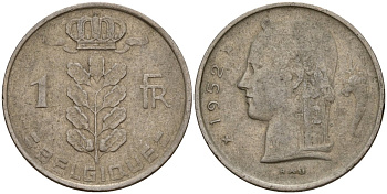 Бельгия 1 франк 1952 Belgique, Бодуэн I (1951-1993) KM 142 медно-никель 4156-621