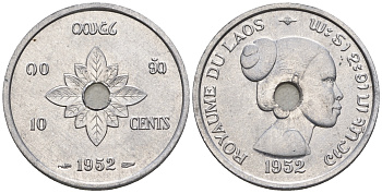 Лаос 10 центов 1952 король Сисаванг Вонг (1904-1959), женщина KM 4 алюминий  aUNC  M71-07