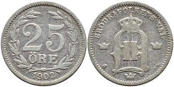 Швеция 25 эре 1902 EB, Оскар II (1872-1907) король Швеции и Норвегии KM 739 серебро 1530-614