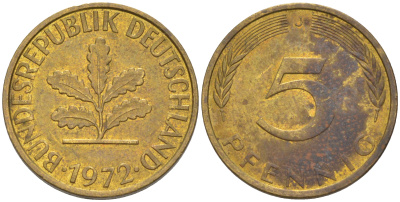 ФРГ 5 пфеннигов 1972 J KM 107, J. 382 сталь плакированная латунью 4514-744