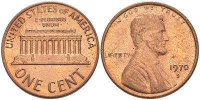 США 1 ЦЕНТ 1970 S, ЛИНКОЛЬН, SMALL DATE KM 201 медь цинк 187-1159