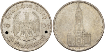 ГЕРМАНИЯ 5 РЕЙХСМАРОК 1934 G - КАРЛСРУЭ, КИРХА J.357, KM 83 серебро aUNC 00-00-00