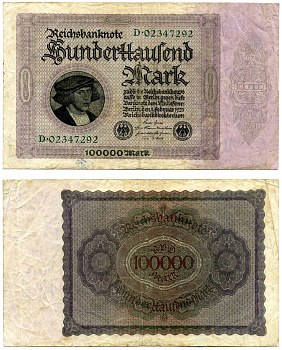 Германия 100000 марок 1923 1 Февраля 1923, выпуск (март 1923-5 Июля 1925), номер восьмизначный, серия D 02347292 Pick 83, Розенберг 82а бумага 2194-10-1-2