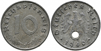 Германия 10 рейхспфеннигов 1940 J, KM 101, J. 371 цинк 4525-1221