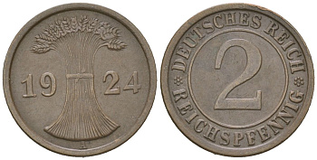 Германия 2 рейхспфеннига 1924 A KM 38, J. 314 бронза 3955-1154