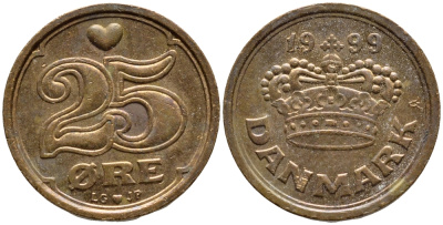 ДАНИЯ 25 ЭРЕ 1999 LG; JP; A, МАРГРЕТЕ II (1972-) KM 868.1 бронза 4396-538