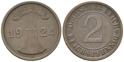 Германия 2 рейхспфеннига 1924 A KM 38, J. 314 бронза 3955-1154