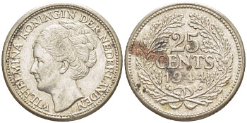 Нидерланды 25 центов 1944 Р, Вильгельмина (1890-1948) KM 164 серебро 4548-852