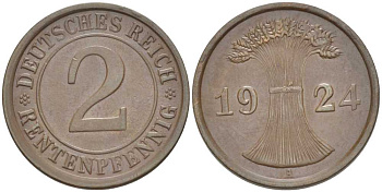 ГЕРМАНИЯ 2 РЕНТЕНПФЕННИГA 1924 A KM 31, J. 307, Weege 3 бронза 206-859