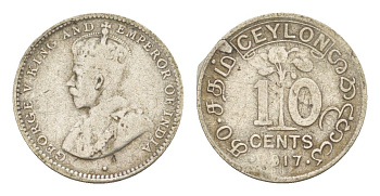 Цейлон 10 центов 1917 KM 104 серебро 4643-833