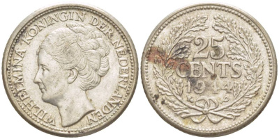 Нидерланды 25 центов 1944 Р, Вильгельмина (1890-1948) KM 164 серебро 4548-852