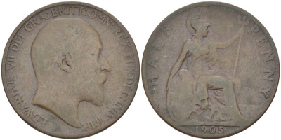 Великобритания 1/2 пенни 1905 Эдуард VII (1901-1910) KM 793.2, Spink 3991 бронза 4544-431
