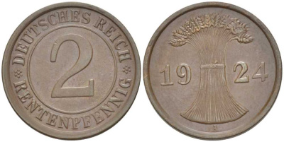 ГЕРМАНИЯ 2 РЕНТЕНПФЕННИГA 1924 A KM 31, J. 307, Weege 3 бронза 206-859