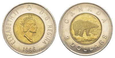 Канада 2 доллара 1996 Елизавета II (1952-2022), полярный медведь KM 270 биметалл UNC 4637-1026