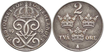 Швеция 2 эре 1949 длинная 9, Густав V (1907-1950) KM 811 железо 119-1035