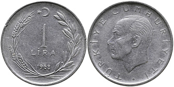 Турция 1 лира 1968 Мустафа Кемаль Ататюрк KM 889а.2 нержавеющая сталь 4538-826