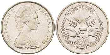 АВСТРАЛИЯ 5 ЦЕНТОВ 1978 ЕЛИЗАВЕТА II (1952-) МОЛОДОЙ ПОРТРЕТ, ЕХИДНА KM 64 медно-никель 4516-659