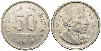 Аргентина 50 сентаво 1954 генерал Хосе де Сан Мартин KM 49 сталь плакированная никелем 4448-355