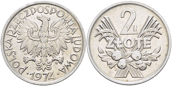 ПОЛЬША 2 ЗЛОТЫХ 1974 MW KM 46, Parchimowicz 216h алюминий 216-755