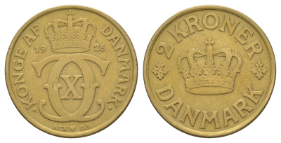 Дания 2 кроны 1925 HCN; GJ, Кристиан X (1912-1947) KM 825 алюминиевая бронза 88-425