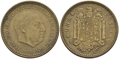 Испания 1 песета 1953 (56) Франсиско Франко (1939 - 1975) KM 775 алюминиевая бронза 4155-333