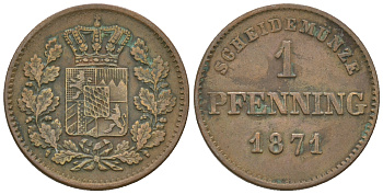 Бавария 1 пфенниг 1871 Людвиг II (1864-1886) KM 271 медь 4576-914