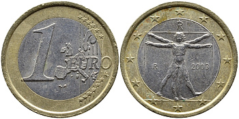 Италия 1 евро 2003 Витрувианский человек KM 216 биметалл 4391-134