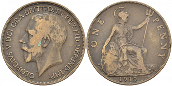 Великобритания 1 пенни 1919 Георг V (1910-1936) KM 810, Spink 4051 бронза 4545-213