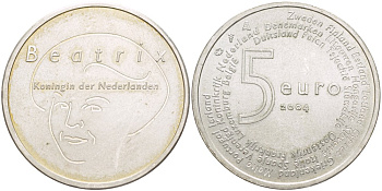 Нидерланды 5 евро 2004 королева Нидерландов Беатрикс, вступление в ЕЭС KM 252 серебро 4542-123