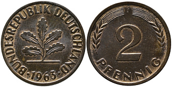 ФРГ 2 пфеннига 1963 J KM 106, J.381 бронза 99-131