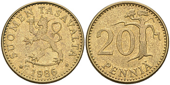 ФИНЛЯНДИЯ 20 ПЕННИ 1986 N KM 47 алюминиевая бронза 4563-337