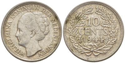 Нидерланды 10 центов 1944 Вильгельмина (1890-1948) KM 163 серебро aUNC 4392-1335